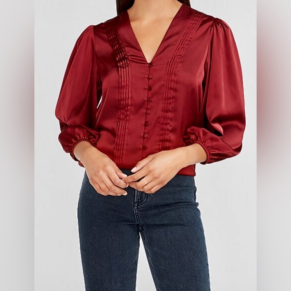 Express Satin Pleated Button Front Shirt.